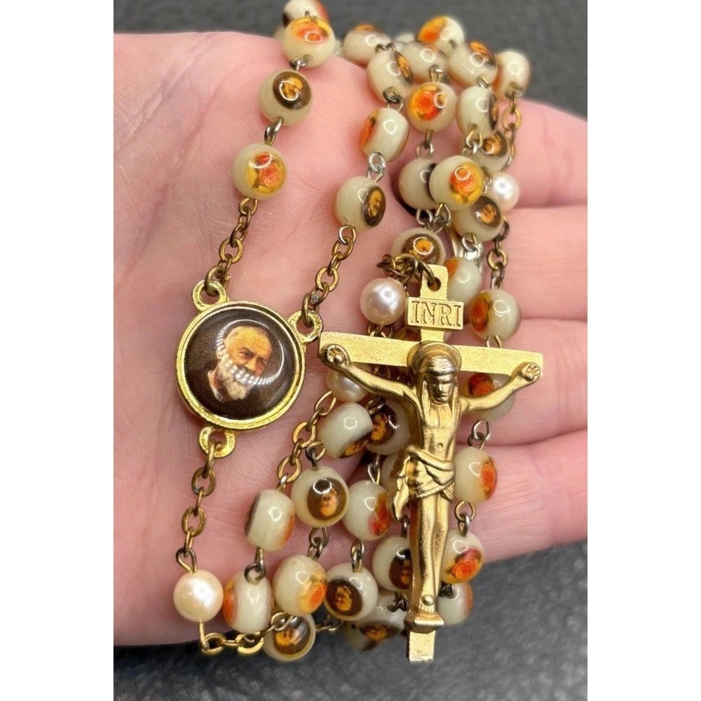 Vintage Padre Pio Rosary Beads Holy Water Compartment Crucifix Gold Tone 26"